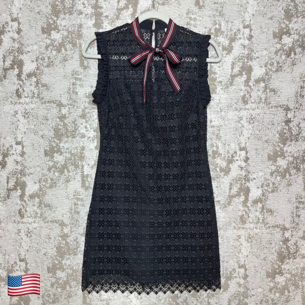 Sandro Fidele Ribbon Tie Neck Lace Mini Dress in Black